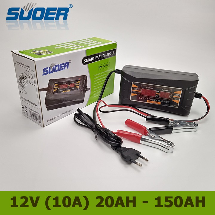 Sạc ắc quy Suoer SON-1210D+ 12V 20ah-150ah công nghệ sạc nhanh thông minh tự ngắt phù hợp cho ắc quy axit chì ac quy gel