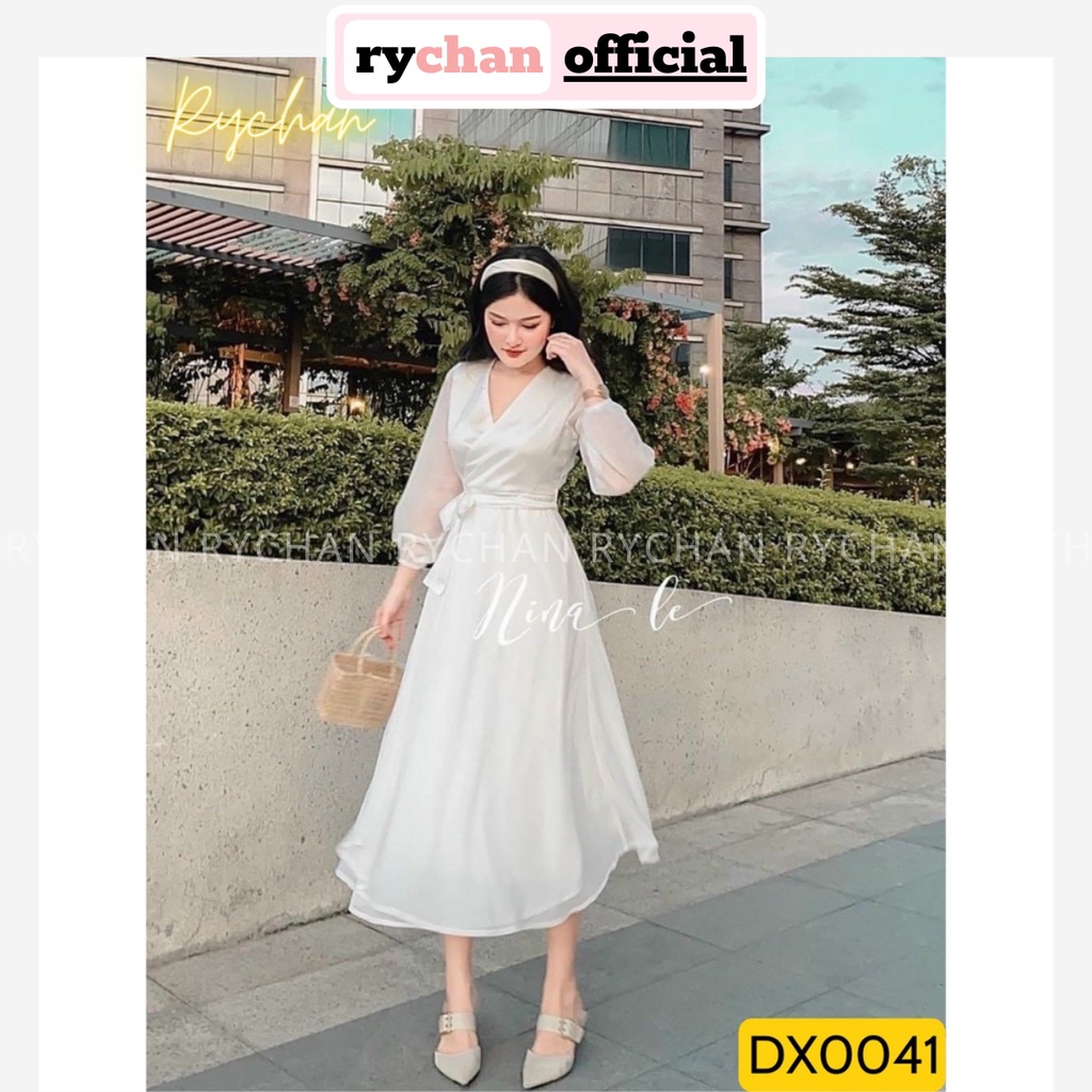 Đầm Xòe Midi Trắng Đắp Tà Cột Eo Dài Tay Lót Trong Dày Dặn [Ảnh Thật Cuối] - DX0041