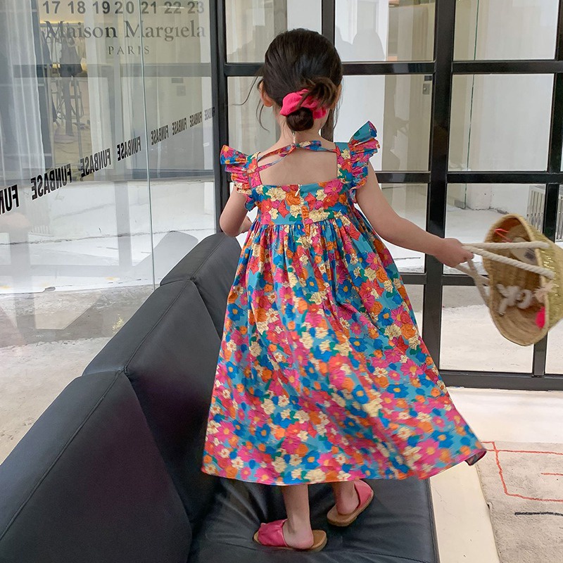 Đầm Công Chúa Mùa Hè Cổ Vuông Tay Cộc In Họa Tiết Hoa Cho Bé Gái Se7en