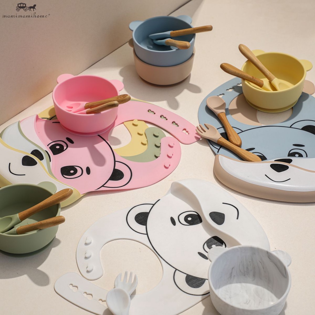 Bộ đồ ăn 4 món cho bé Mamimamihome gồm bát đĩa thìa nĩa bằng silicone hình gấu dễ thương