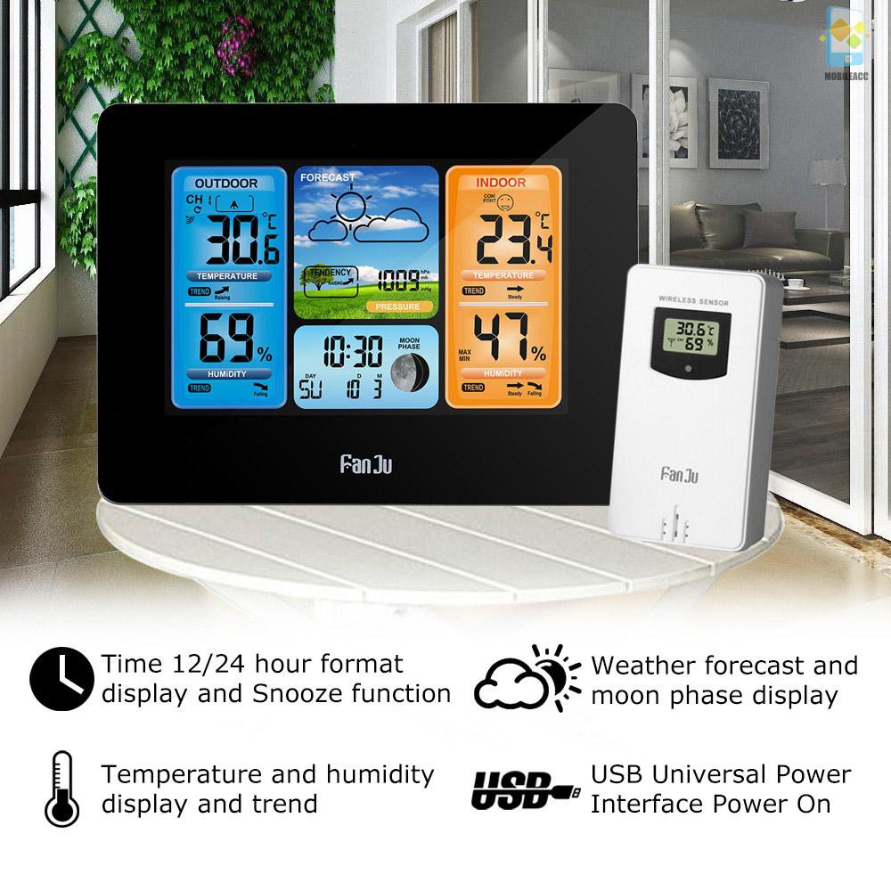 M FanJu FJ3373 Multifunction Digital Weather Station LCD Alarm Clock Indoor Outdoor Weather Forecast Barometer Thermometer Hygrometer with Wireless Outdoor Sensor USB Power Cord