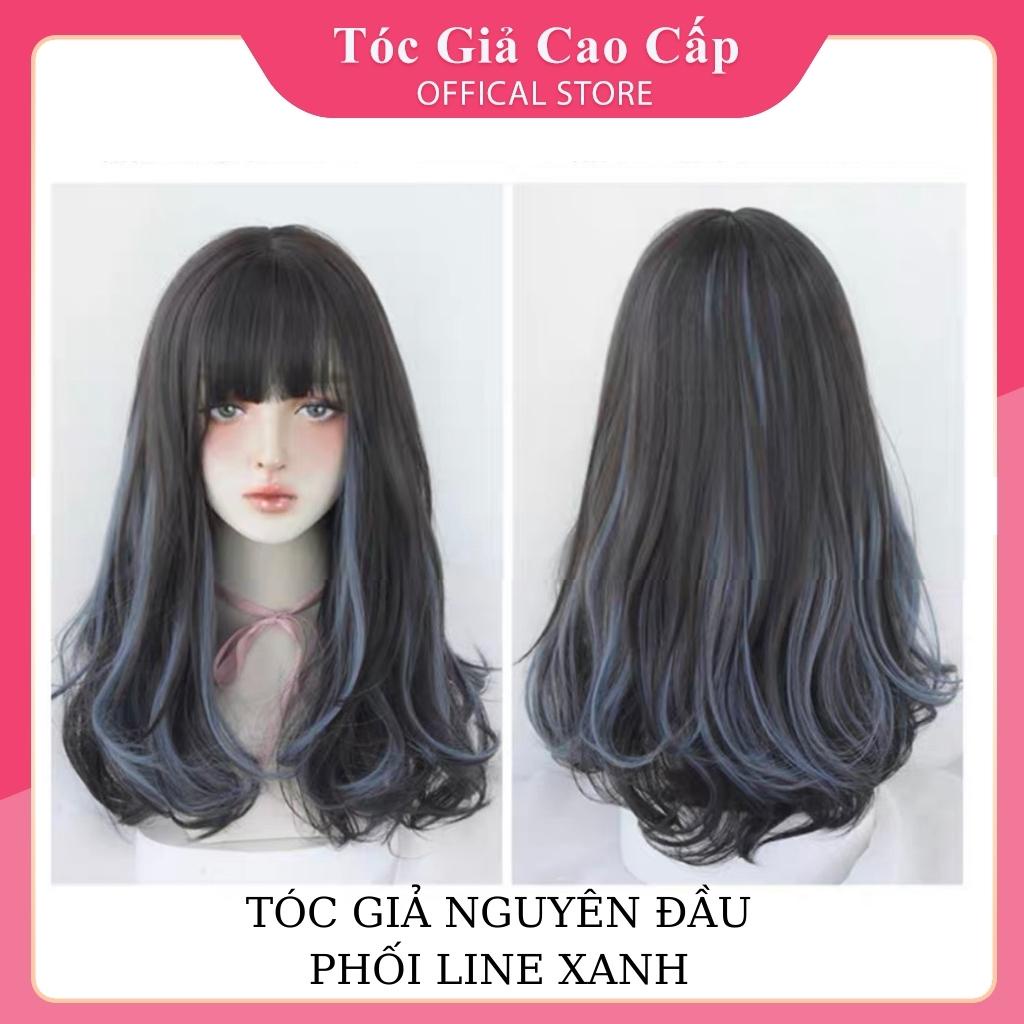 Tóc giả nữ nguyên đầu xoăn phối line xanh coban, tặng kèm lưới trùm tóc, C8276