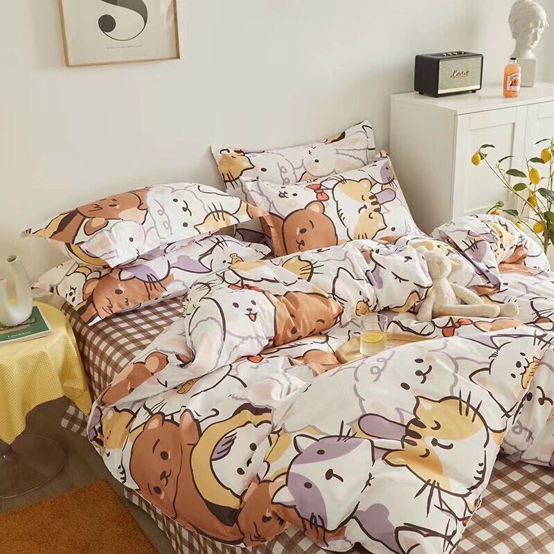Bộ chăn ga gối Poly Cotton Mèo Thỏ nhí nhố đáng yêu (Tặng vỏ gối ôm) - Miễn phí bo chun