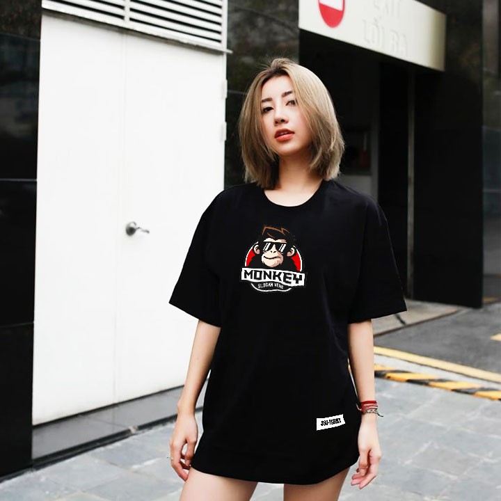 Áo thun tay lỡ form rộng Monkey Slogan dáng unisex nam nữ hai màu trắng đen basic tee, áo phông rộng oversize