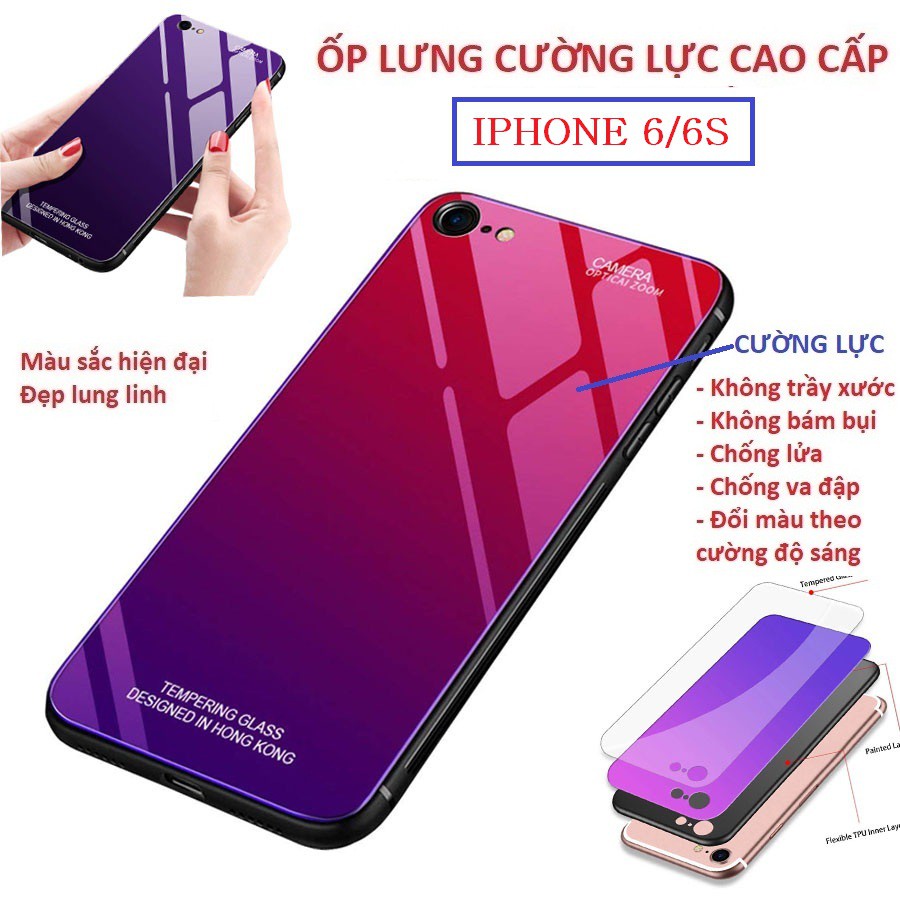 Ốp lưng Aurora Iphone 6 - Iphone 6S kính cường lực Cao Cấp đổi màu viền silicon