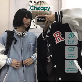 Áo bomber bóng chày nữ chữ R Cheapy áo khoác nỉ bông đen xanh freesize chữ thêu bo chun dệt thời trang nữ C492