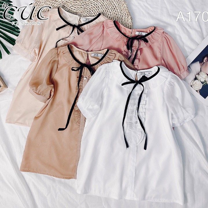 Áo sơ mi nữ cao cấp công sở Cúc Fashion A170 áo somi cổ tròn nơ đen