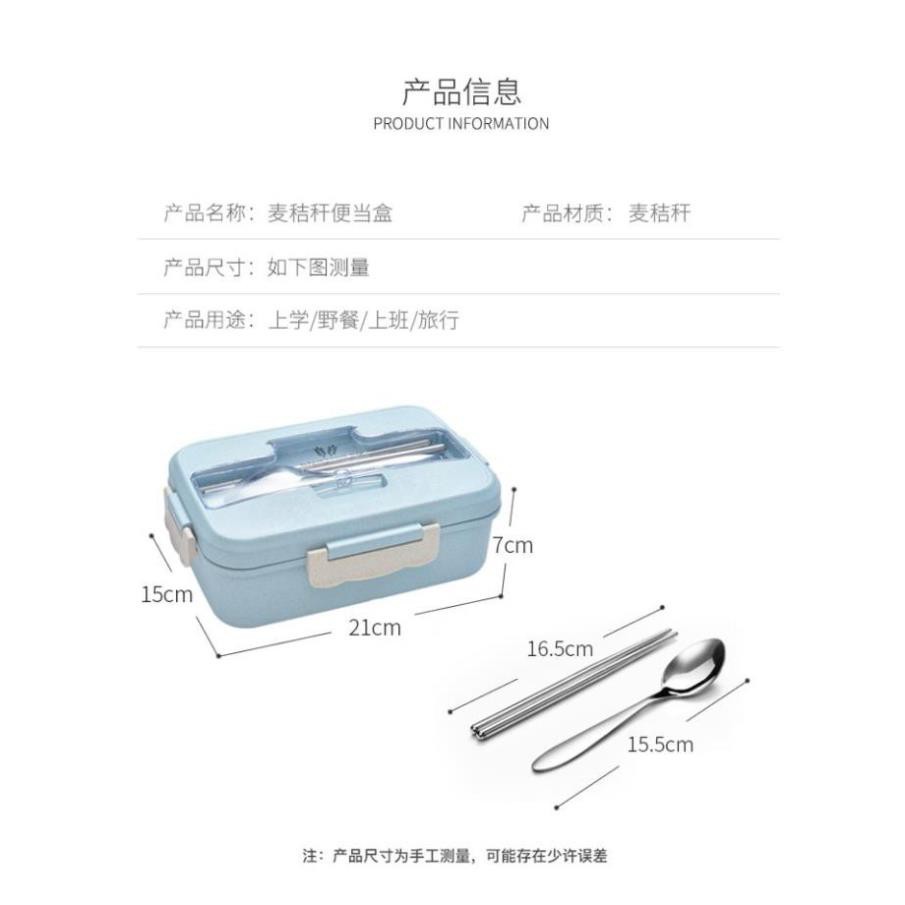 Hộp cơm bento - Hộp cơm văn phòng nhựa lúa mạch kèm đũa thìa inox tiện dụng - Gia dụng