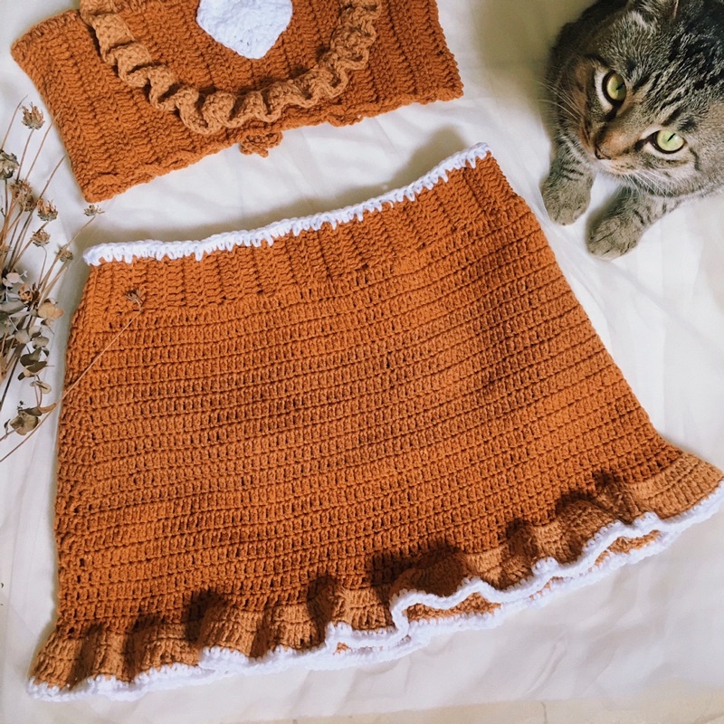 Set Croptop Chân Váy Len Móc - Chân Váy Len - xanhlanhes