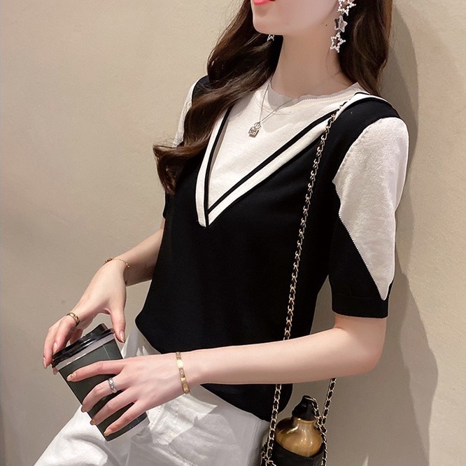 Áo dệt kim ZHELIHANGFEI ngắn tay phối màu thiết kế thời trang mùa hè cho nữ