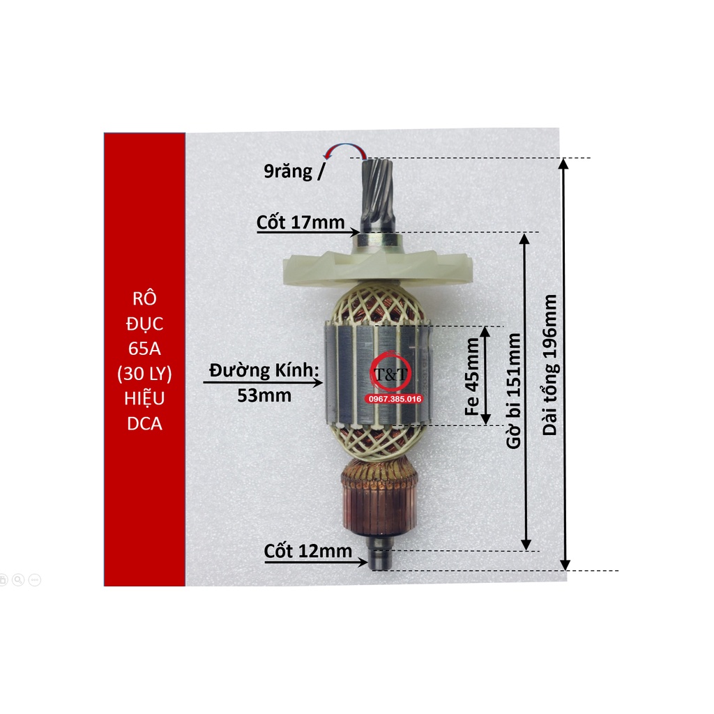 rô to máy đục HITACHI 65A, RUỘT ĐỤC 30 LY 65A LOẠI 9 RĂNG DẤU SẮC HIỆU DCA