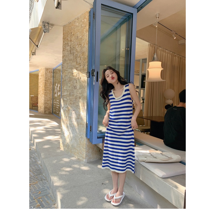 Đầm Dài Không Tay Họa Tiết Sọc Thời Trang Cho Nữ