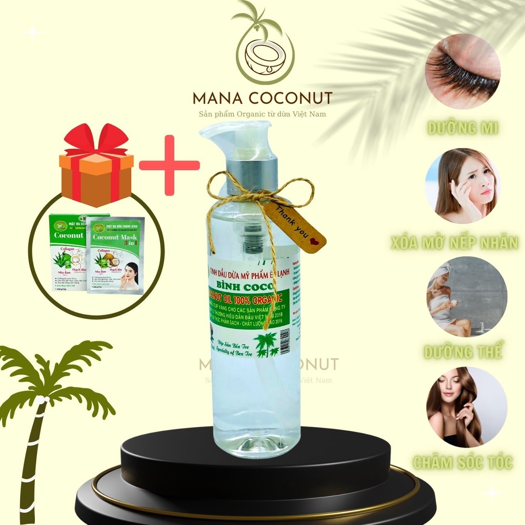 Dầu Dừa Ép Lạnh, Tinh Dầu Dừa MANA COCONUT Dùng Làm Mỹ Phẩm, Dưỡng Tóc, Dưỡng Môi Chai Xịt 250ml Tặng Mặt Nạ Dừa Cao Cấp
