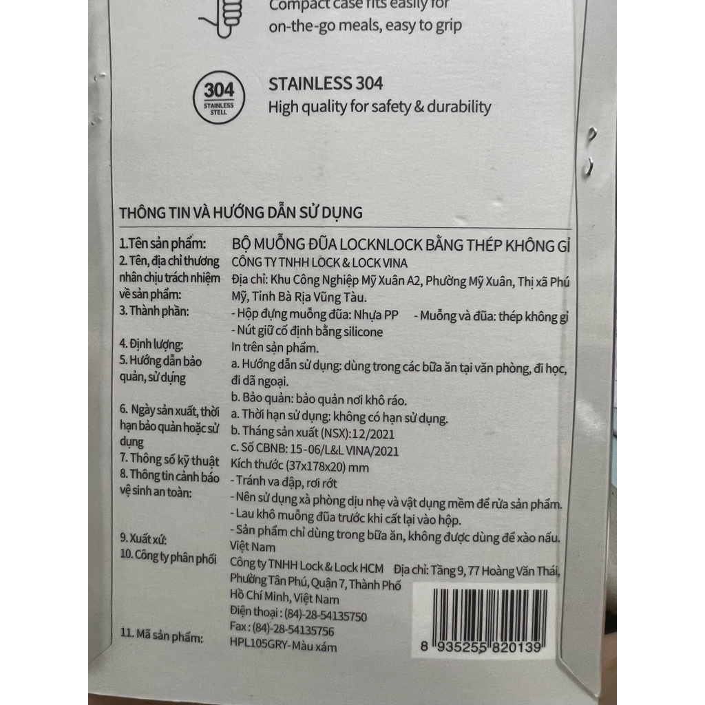 Bộ thìa  đũa bằng thép không gỉ kèm hộp đựng LocknLock HPL105