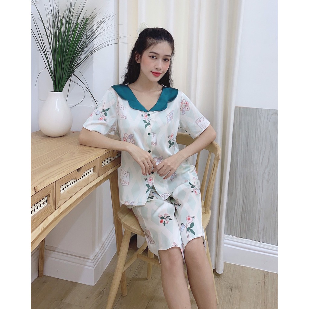 Đồ bộ pijama lửng lụa Latin loại 1 cao cấp, bộ mặc nhà nữ dễ thương