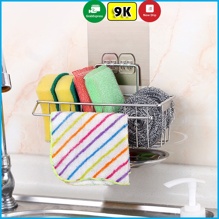 Kệ Inox Dán Tường, giỏ inox Đựng Đồ Rửa Chén Bát Đa Năng Có Khay Hứng Nước Và Thanh Treo Khăn