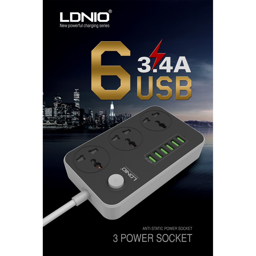 Ổ cắm điện đa năng SC3604 chính hãng LDNIO 3 cổng AC 220V và 6 cổng USB (5V-3.4A) sạc nhanh, an toàn.