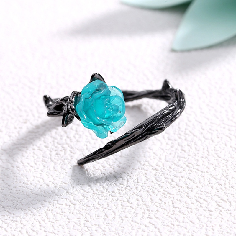 Set 2 Nhẫn Có Thể Điều Chỉnh Hình Hoa Hồng Xanh Phong Cách Gothic Dành Cho Cặp Đôi