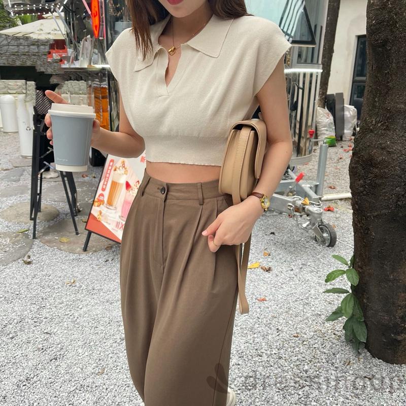 Áo thun dệt kim tay ngắn màu trơn hở rốn phong cách thời trang cho nữ