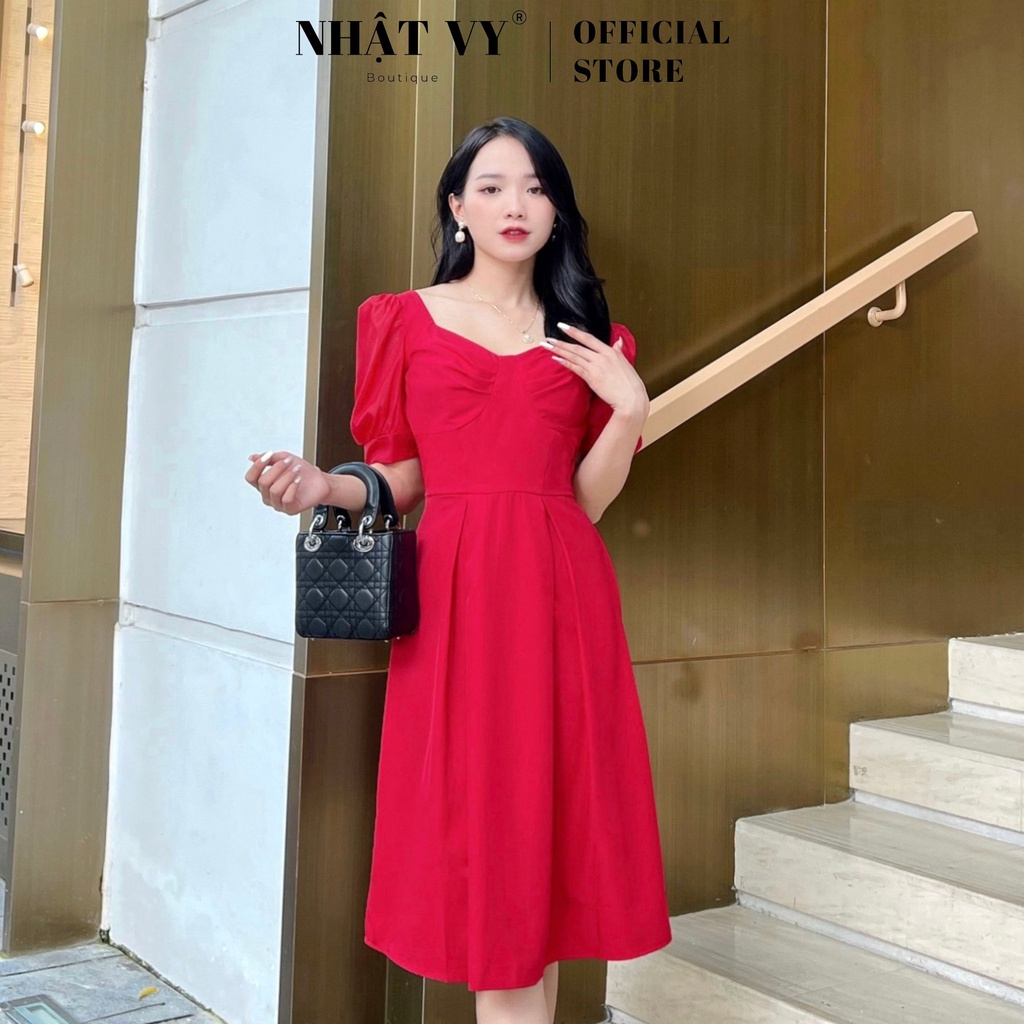 Đầm dự tiệc Nhật Vy tay phồng cổ cách điệu dáng xoè có lót ngực chất cotton phù hợp đi chơi , dạo phố - D2502