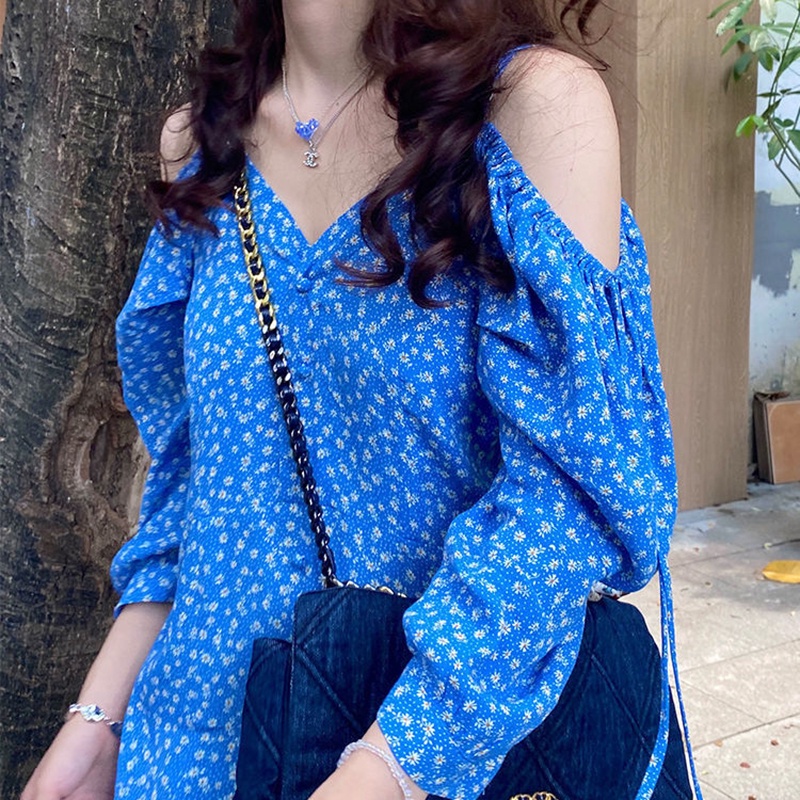 Đầm IELGY hở vai màu xanh dương in họa tiết hoa phong cách Pháp ngọt ngào cho nữ