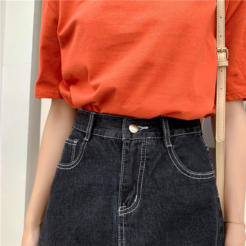 Kumivn order chân váy denim bò jeans chữ A lưng cao màu xanh đậm phối chỉ nổi có bigsize