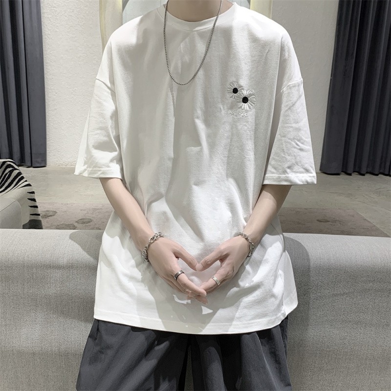 Áo thun tay ngắn cổ tròn có họa tiết thêu phong cách thời trang Hong Kong cho nam