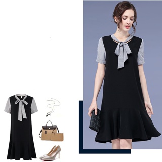 Đầm suông đuôi cá cổ phối nơ thời trang