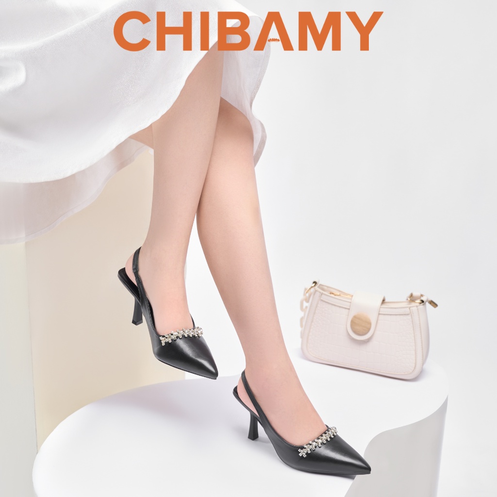 Giày cao gót nữ bít mũi đính dây đá CHIBAMY, giày cưới gót nhọn 8cm chất da mềm mã H04