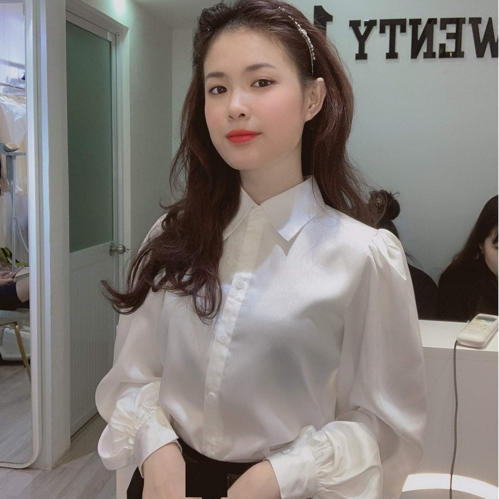 [Mã FAMAYWA giảm 10K đơn 50K] Áo Sơ Mi Lụa Bóng Trơn Tay Bồng Cổ Đức Cực Xinh
