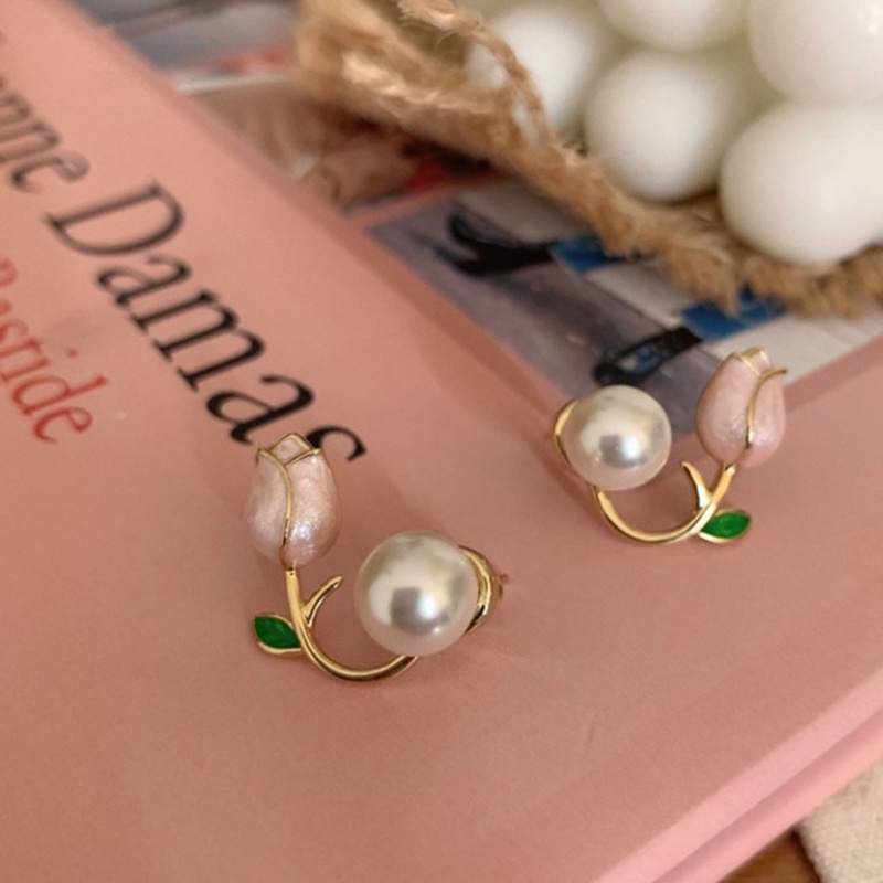 Khuyên Tai Hình Hoa tulip Đính Ngọc Trai Màu Hồng Thời Trang Mùa Hè Cá Tính