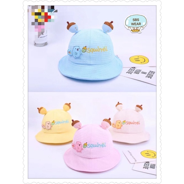 Mũ cho bé trai bé gái vành rộng thêu sóc cười tai thông , phù hợp 5 tháng - 4 tuổi