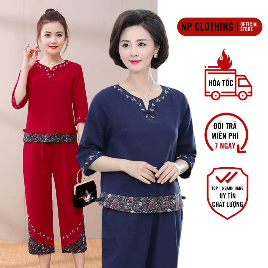 Bộ Trung Niên Nữ S863, Set Đồ Bộ Nữ Mặc Nhà Tay Ngắn Cho Mẹ Cổ Thêu Viền Họa Tiết Hoa Văn Thun Cotton Mát Mẻ
