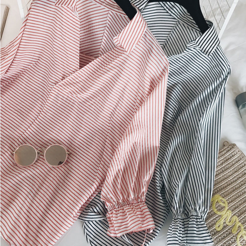 Áo kiểu RENJIANVSHENG 172582 tay lửng cánh dơi cổ chữ V họa tiết kẻ sọc thời trang thanh lịch dành cho nữ