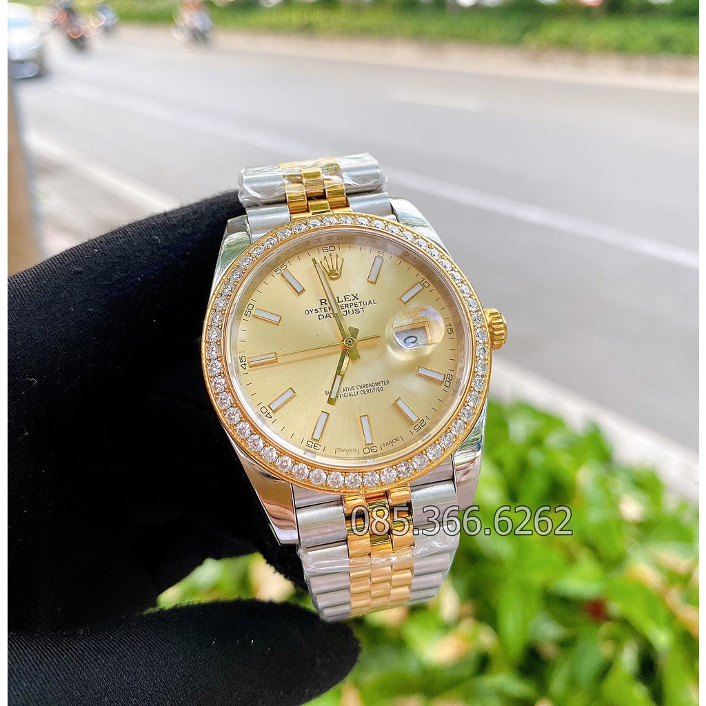Đồng hồ nam Rolex cơ Automatic máy nhật mẫu Classic mặt vàng viền dá dây demi size 40-41mm