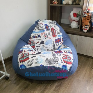 Ghế lười hạt xốp thô Hàn hoạ tiết london mix xanh nhạt size lớn đã có vỏ ghế + hạt xốp đầy đủ
