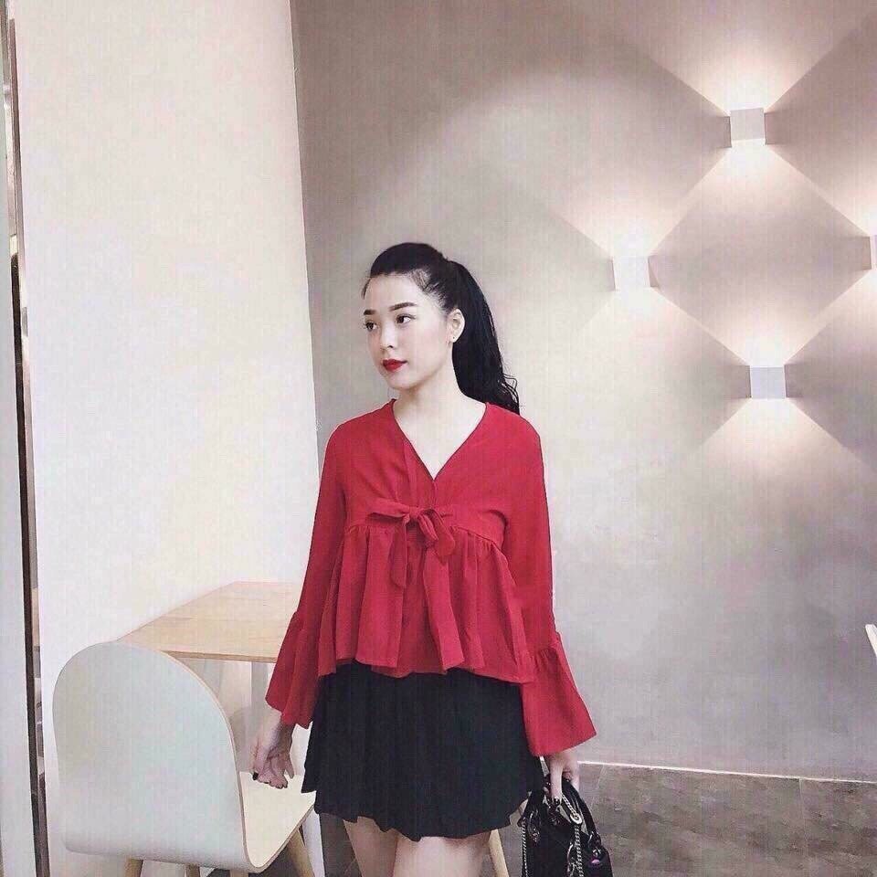 Áo Kiểu Nũ Cổ Tay Loe Cột Nơ Thời Trang Mới Sp Av48