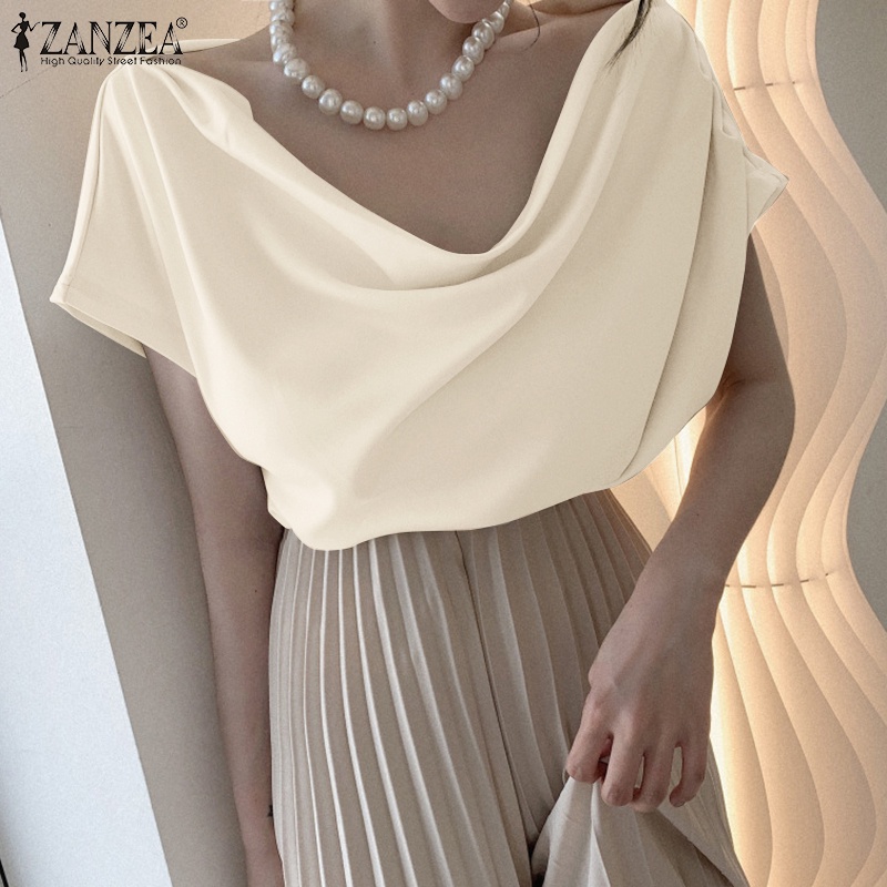Áo kiểu ZANZEA xếp ly vải satin mỏng thời trang thanh lịch cho nữ