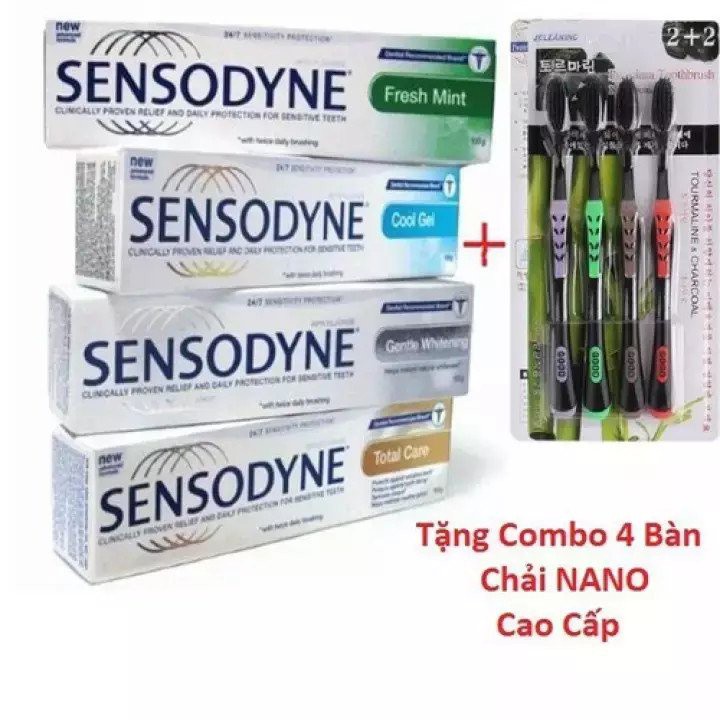 Combo 5 Tuýt Kem đánh răng sensodyne chống ê buốt tặng kèm 4 bàn chải than tre hoạt tính cao cấp