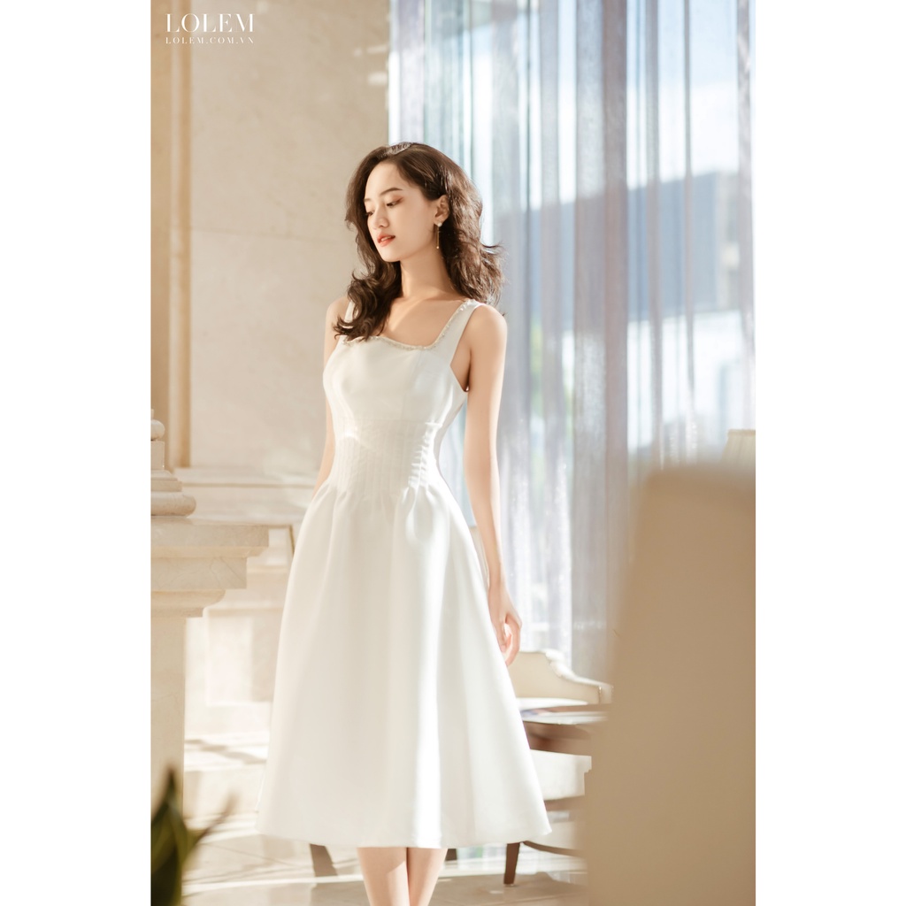 Đầm xòe dự tiệc LOLEM SV234 hai dây cổ vuông vải tafta bền không nhăn