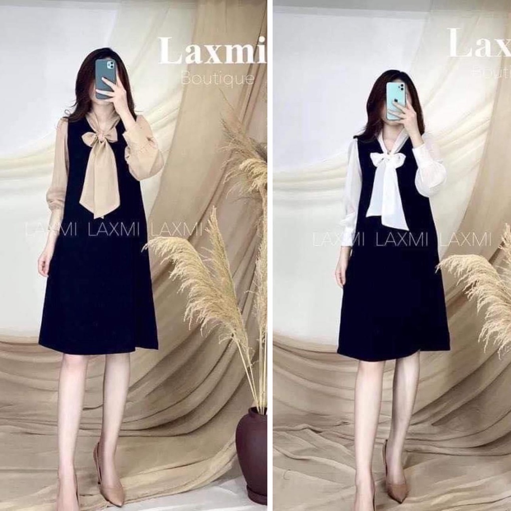 Váy Bầu Công Sở Tay Dài Đầm Bầu Thu Đông Nơ Buộc Cổ Siêu Xinh freesize từ 40-75kg