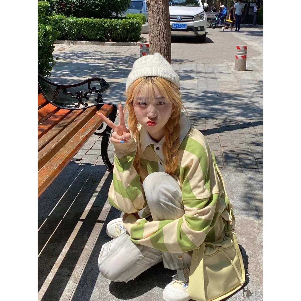 Áo Thun POLO Tay Dài Dáng Rộng Họa Tiết Kẻ Sọc Thời Trang Mùa Thu Phong Cách Retro Mới Cho Nữ