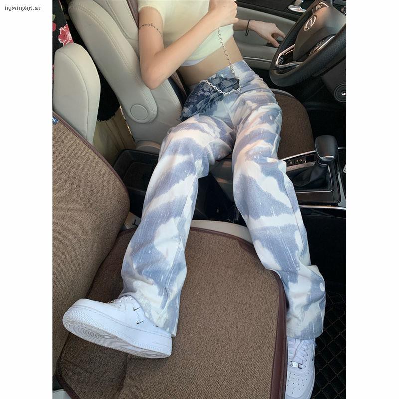 Quần Jeans Dài Ống Rộng Lưng Cao Màu Nhuộm Phong Cách Âu Mỹ Thời Trang Mùa Hè Cho Nữ