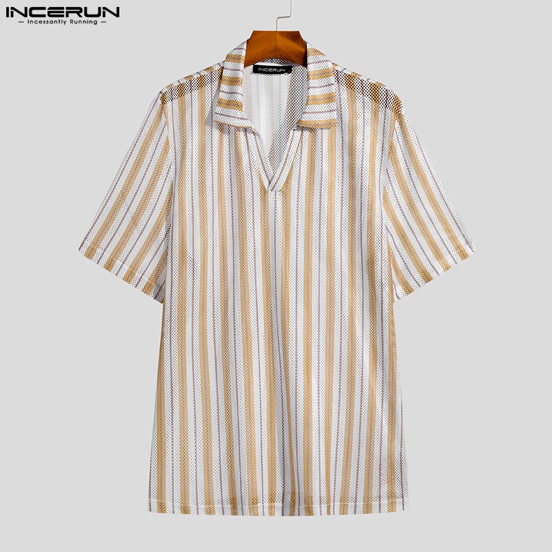 Áo thun polo INCERUN tay ngắn họa tiết kẻ sọc nhiều màu sắc thời trang mùa hè cho nam