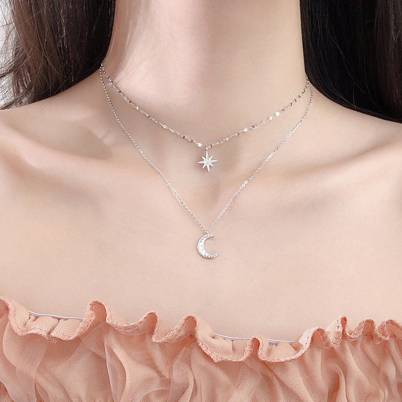 MANYUE Vòng cổ Hai Lớp Hình Trăng Sao Đính Đá Zircon Phong Cách Hàn Quốc Thời Trang Cho Nữ