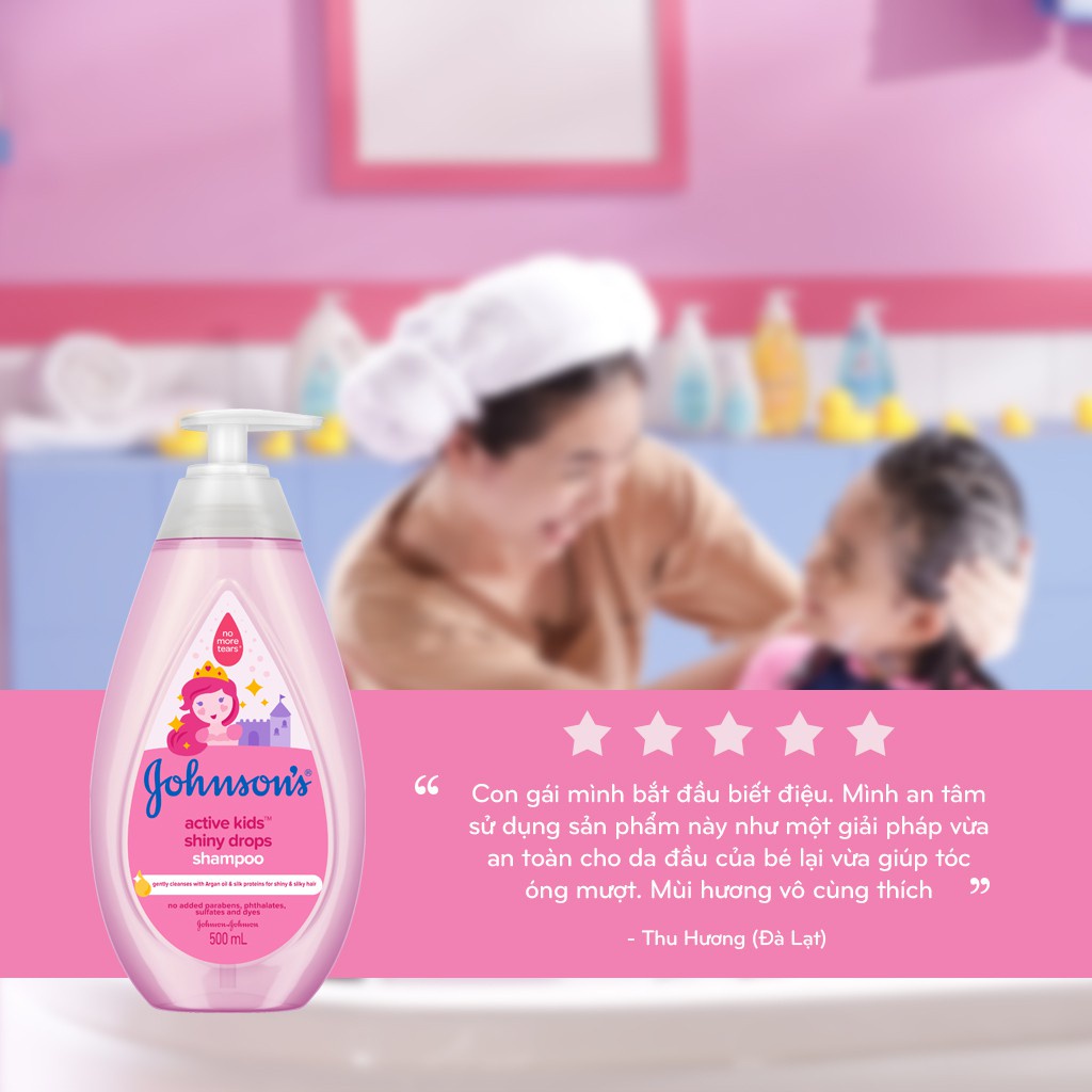 Dầu gội Johnson's bé gái - Cho tóc óng mượt - Johnson's Active kids Shiny drops, Chiết xuất argan và tơ tằm - Chai 500ml