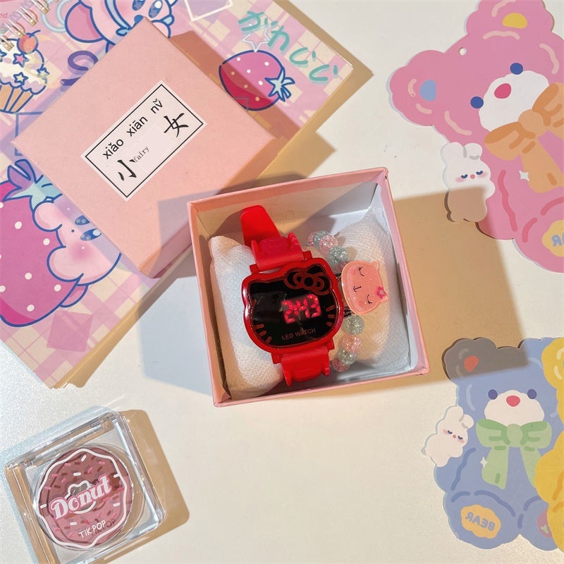 Đồng Hồ Đeo Tay Có Đèn LED Họa Tiết Hello Kitty Dễ Thương Phong Cách Nhật Hàn Cho Bé