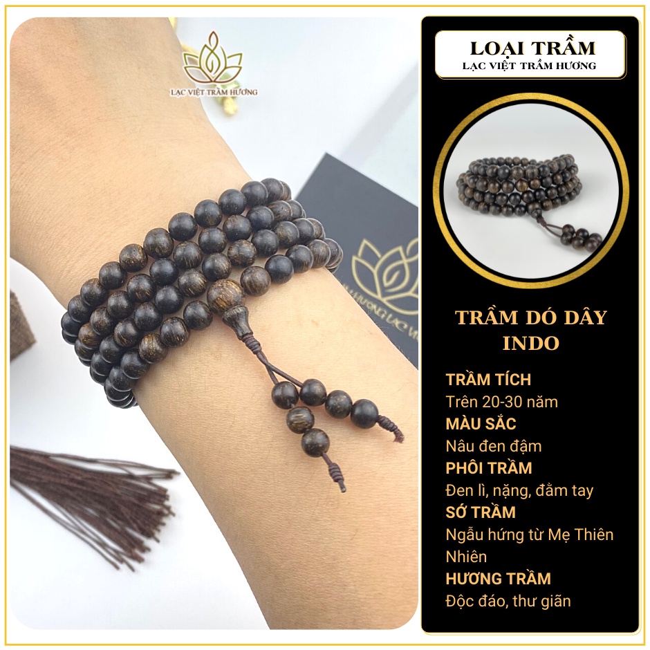 Vòng Tay Trầm Hương 108 Hạt 6mm Trầm Dó Dây INDO hàng Xịn VIP Cao Cấp Lạc Việt cho Nữ cầu Tài Lộc - Phú Quý - May Mắn