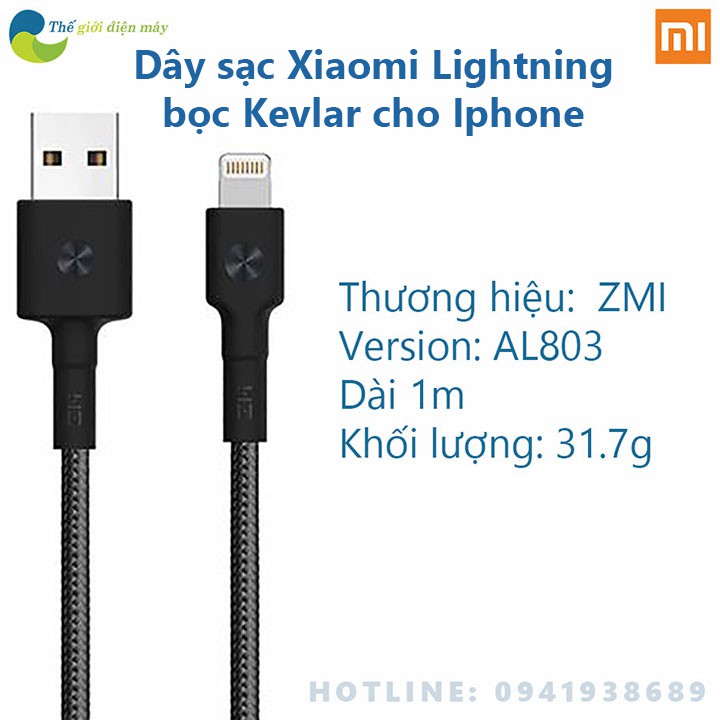 Dây Sạc Xiaomi Zmi lightning Siêu Bền Bọc Kevlar AL803 cho iphone ipad dài 1m chứng nhận MFI tương thích cho iphon