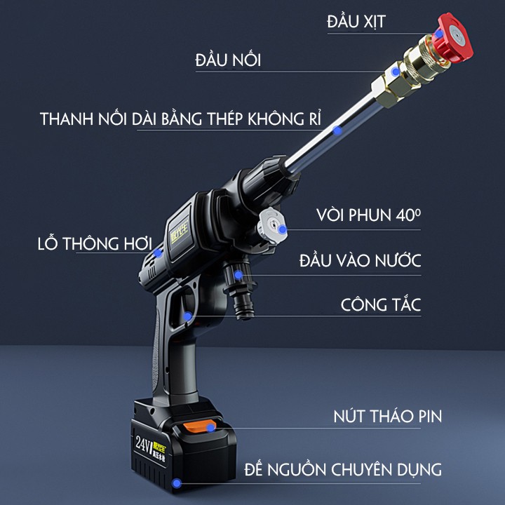Máy bơm rửa xe, máy rửa xe oto dùng pin 48v, sự dụng trong 3 tiếng liên tục bảo hành 12 tháng